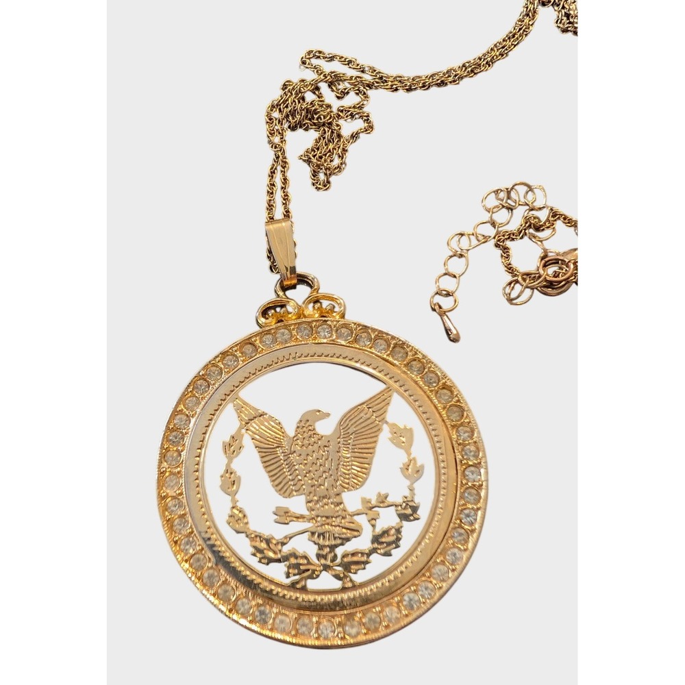 Vintage Gold Necklace American Eagle Medallion Rhinestone Pendant Patriotic